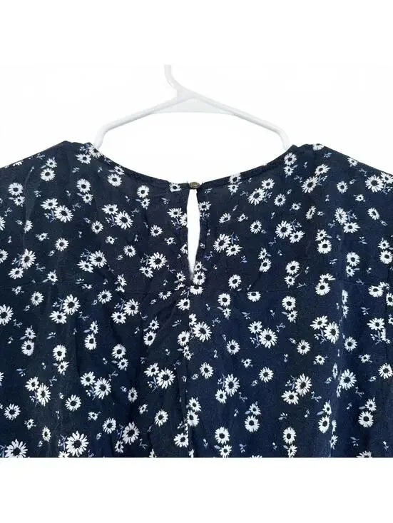Floral Print Short Sleeve Cinched Waist Blouse BLUE WHITE XS - Picture 3 of 7